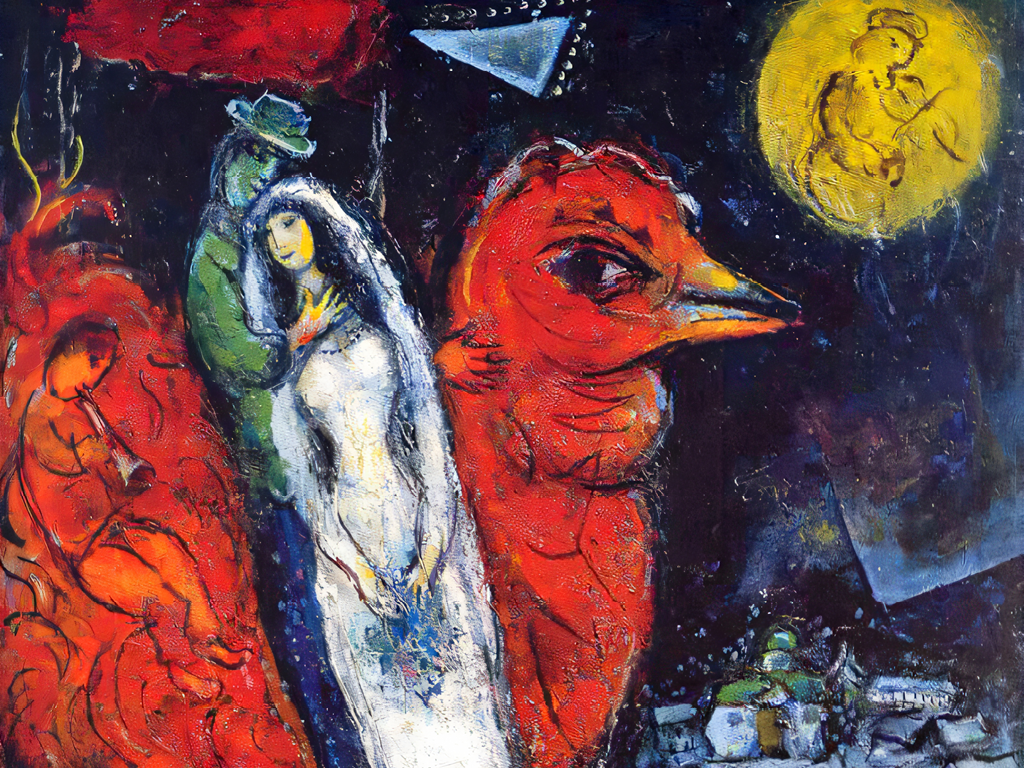 Marc Chagall, Liebespaar mit rotem Hahn, 1956-1965, Les amoureux au coq rouge, Öl, Gouache, Tempera und Tinte auf Leinwand, 81 x 66 cm, Privatsammlung Deutschland, Courtesy Samuelis Baumgarte Galerie © VG Bild-Kunst, Bonn 2024
